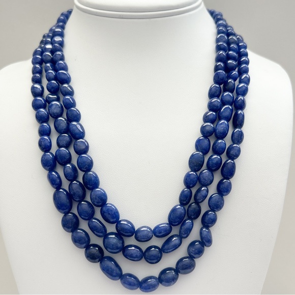 Stunning Triple Strand Blue Sapphire Bead Necklace - Picture 2 of 10